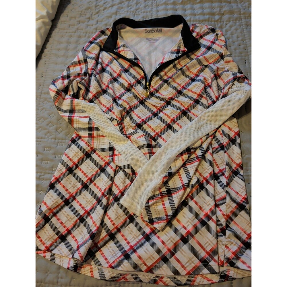 San Soleil Sport Vented Long Sleeve Red/White/Blue Pullover 1/4 Zip UVA 50 Sz Lg